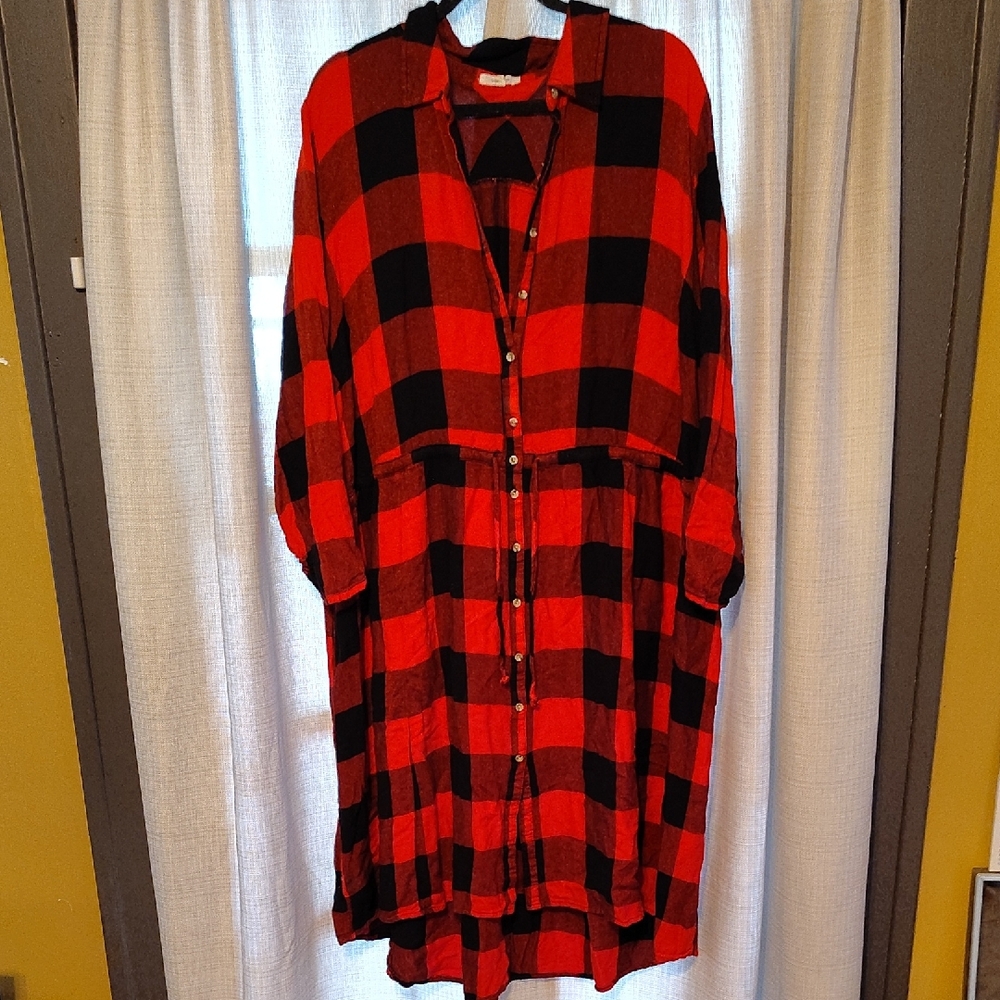 Red and Black Plaid Button-Up Dress